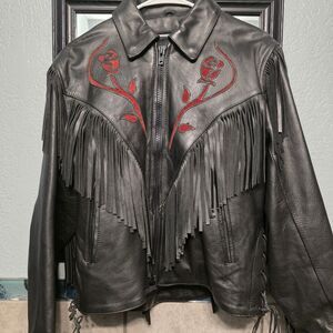 Vtg First Leather Motorcycle Biker Jacket Coat Fringe Red Rose Black Women Sz 12